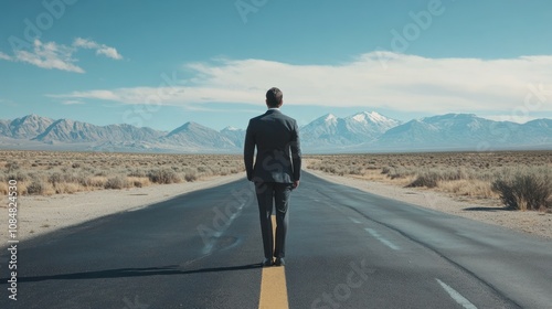 A man in a suit walks alone on a deserted road with mountains in the background.