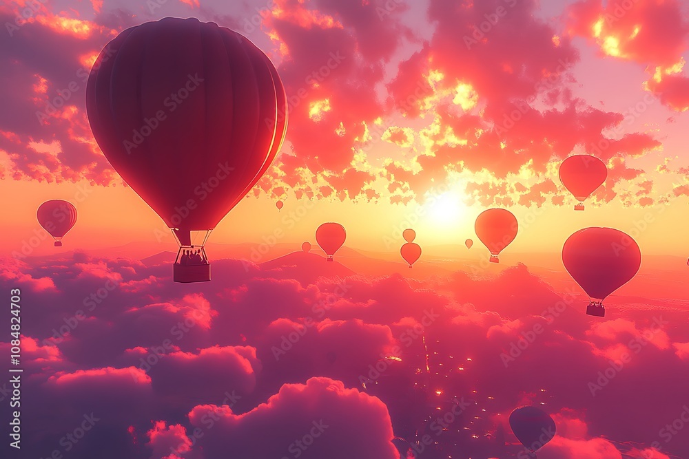 Fototapeta premium Colorful hot air balloons soaring through a vibrant sunset sky.