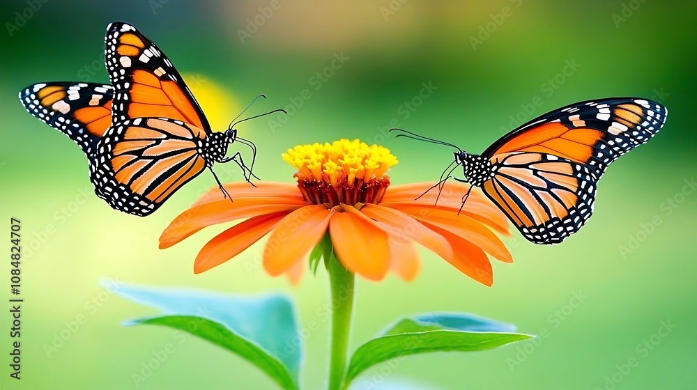 Fototapeta premium Two Monarch Butterflies Feeding on a Bright Orange Flower
