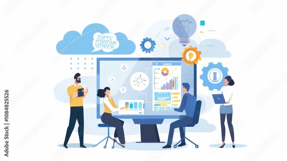 A group of colleagues collaborating on a project using cloud-based software, Cloud computing scene, Collaborative style A group of colleagues collaborating on a project using cloud-based software, Cloud computing scene, Collaborative style