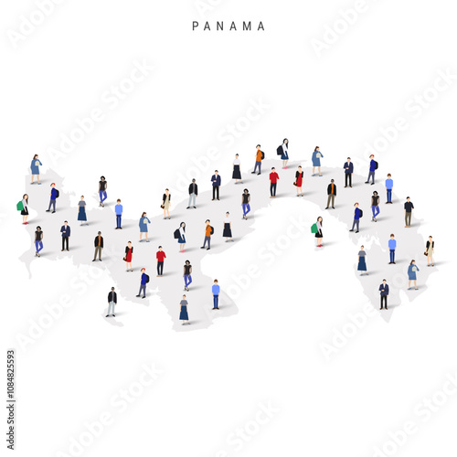 Panama population map. Large group of realistic a diverse crowd of people figures in a shape of Panamanian map. Flat vector illustration isolated on white.