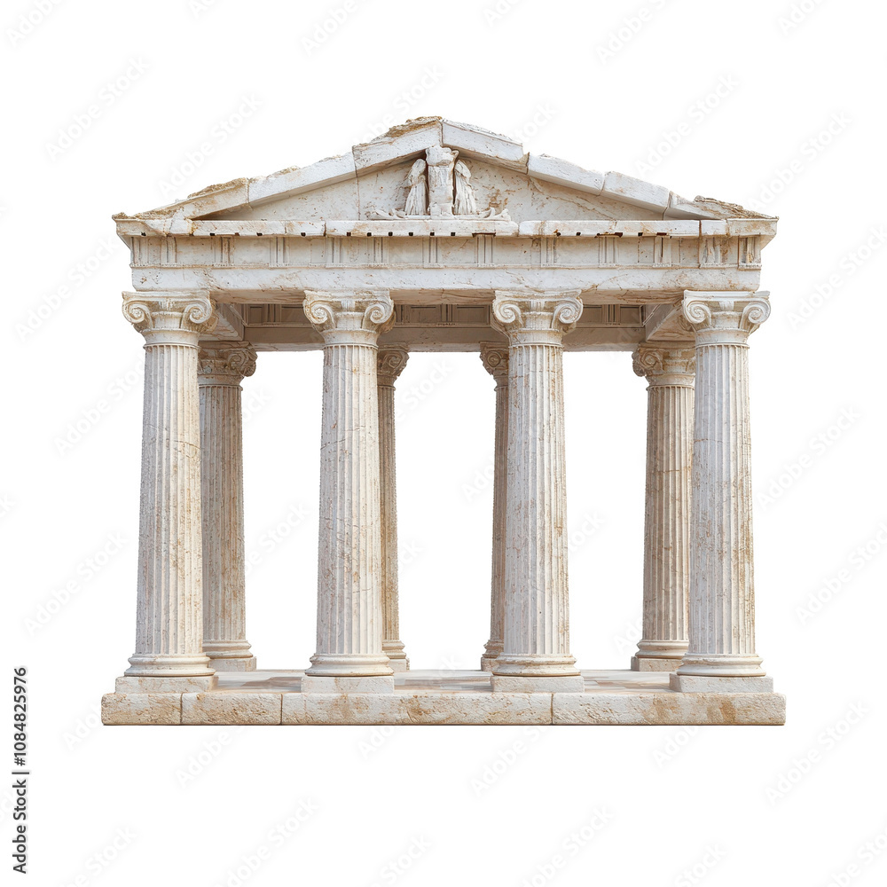 The building is a white structure with columns and a triangular roof