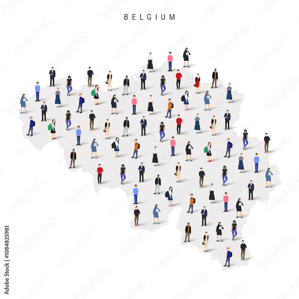 Belgium population map. Large group of realistic a diverse crowd of people figures in a shape of Belgian map. Flat vector illustration isolated on white. Belgium population map. Large group of realistic a diverse crowd of people figures in a shape of Belgian map. Flat vector illustration isolated on white.