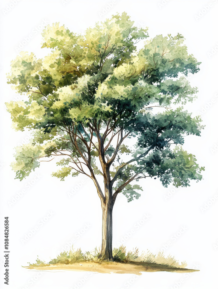 Watercolor illustration of ash tree with lush green leaves and sturdy trunk, showcasing nature beauty and tranquility
