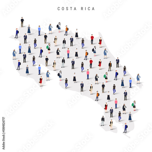 Costa Rica population map. Large group of realistic a diverse crowd of people figures in a shape of Costa Rican map. Flat vector illustration isolated on white.