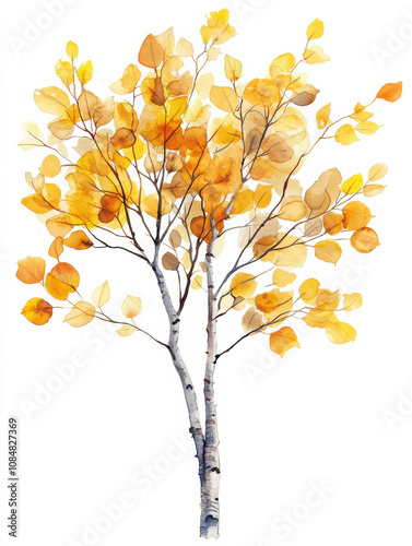Watercolor illustration of aspen tree with vibrant yellow leaves, showcasing beauty of autumn. delicate branches and leaves create serene atmosphere