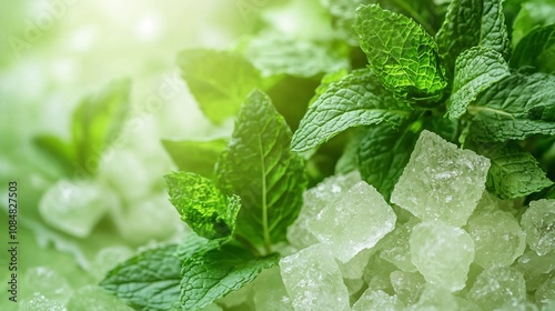 Menthol Icy Mint, Crystallized Menthol Chunks Intertwined with Fresh Green Mint Leaves in Ultra HD