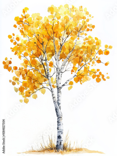 Watercolor illustration of aspen tree with vibrant yellow leaves, showcasing beauty of autumn. delicate branches and bright foliage create serene atmosphere