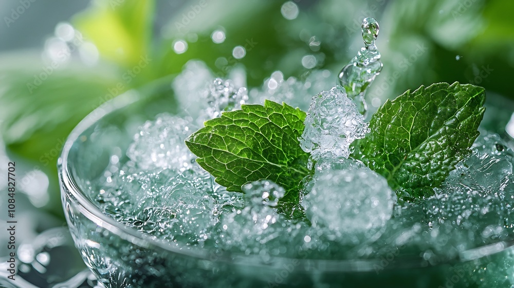 Menthol Icy Mint, Captivating Menthol Crystal Splash in Herbal Liquid,Macro Detail with Cooling Effect Menthol Icy Mint, Captivating Menthol Crystal Splash in Herbal Liquid,Macro Detail with Cooling Effect