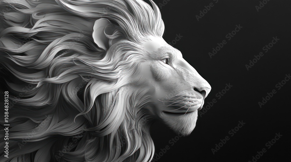 Majestic Lion Sculpture: A 3D Render of a regal lion's profile, showcasing its magnificent mane and powerful presence against a dark background. Majestic Lion Sculpture: A 3D Render of a regal lion's profile, showcasing its magnificent mane and powerful presence against a dark background.