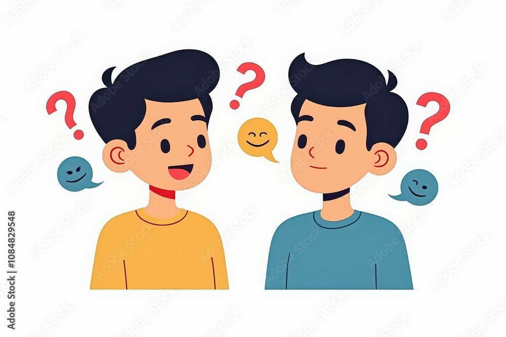 Obraz premium Illustrated Conversation Between Two Boys with Question and Emotion Bubbles, Perfect for Kids' Books, Educational Materials, and Digital Art Projects