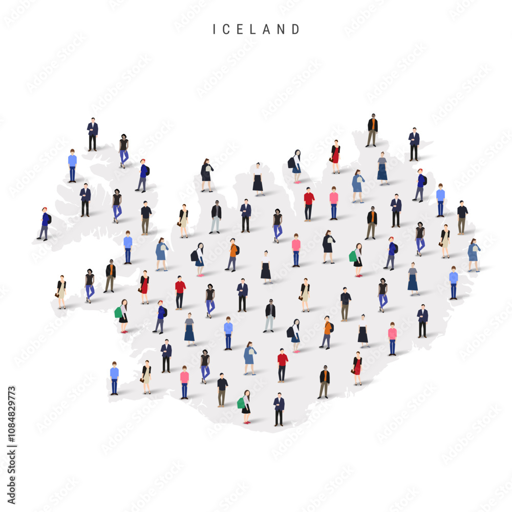 Iceland population map. Large group of realistic a diverse crowd of people figures in a shape of Icelandic map. Flat vector illustration isolated on white. Iceland population map. Large group of realistic a diverse crowd of people figures in a shape of Icelandic map. Flat vector illustration isolated on white.