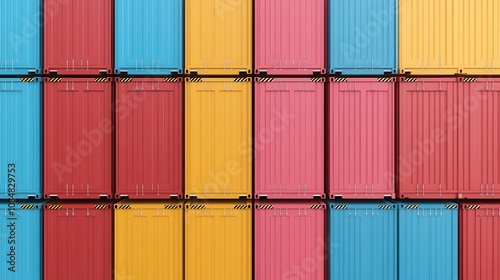 A vibrant arrangement of shipping containers in red, blue, yellow, and pink, creating a colorful geometric pattern. photo