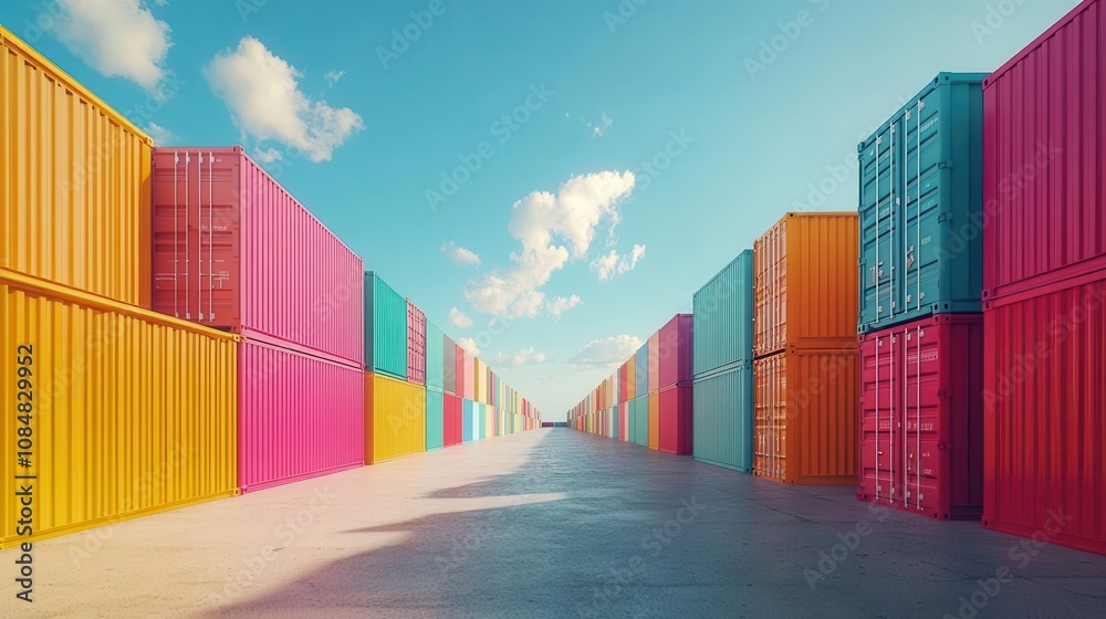 Fototapeta premium A vibrant row of colorful shipping containers under a clear blue sky, creating a striking visual pathway.
