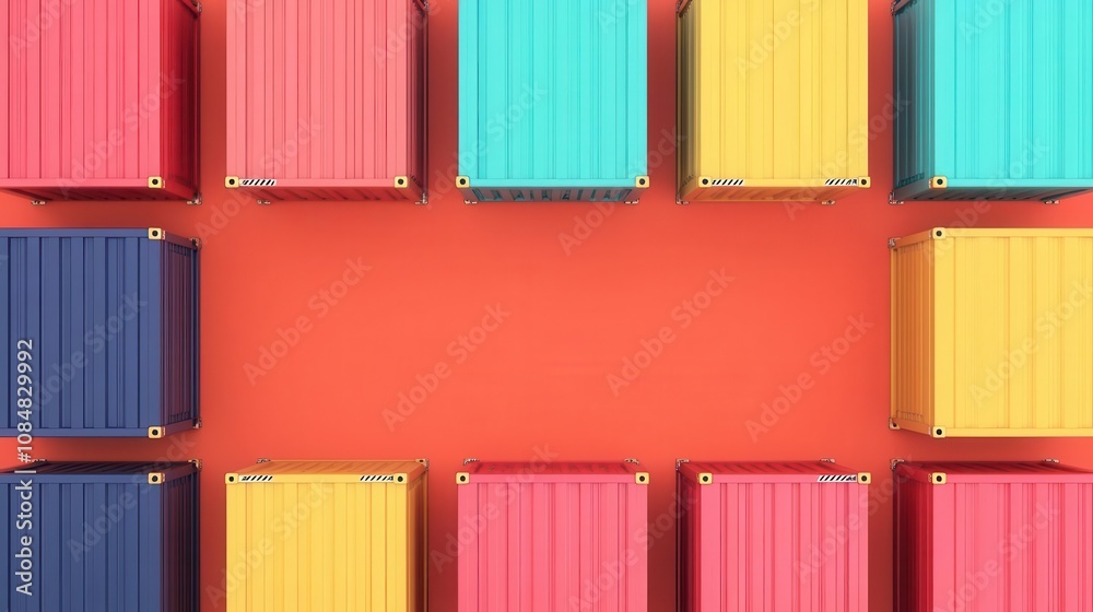 A vibrant arrangement of colorful shipping containers against a bright orange background, creating a striking visual contrast. A vibrant arrangement of colorful shipping containers against a bright orange background, creating a striking visual contrast.