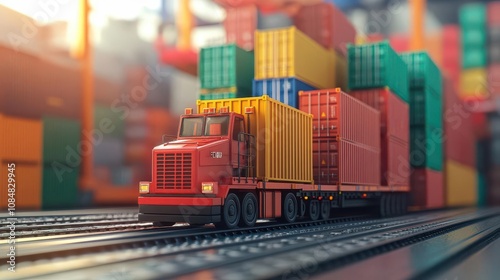 A red truck loaded with colorful shipping containers stands on tracks in a busy freight yard, illuminated by warm sunlight.