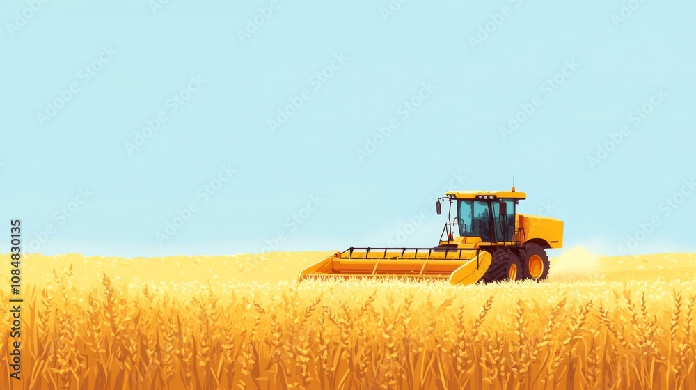 Fototapeta premium Combine harvester harvests golden wheat field under a vast blue sky