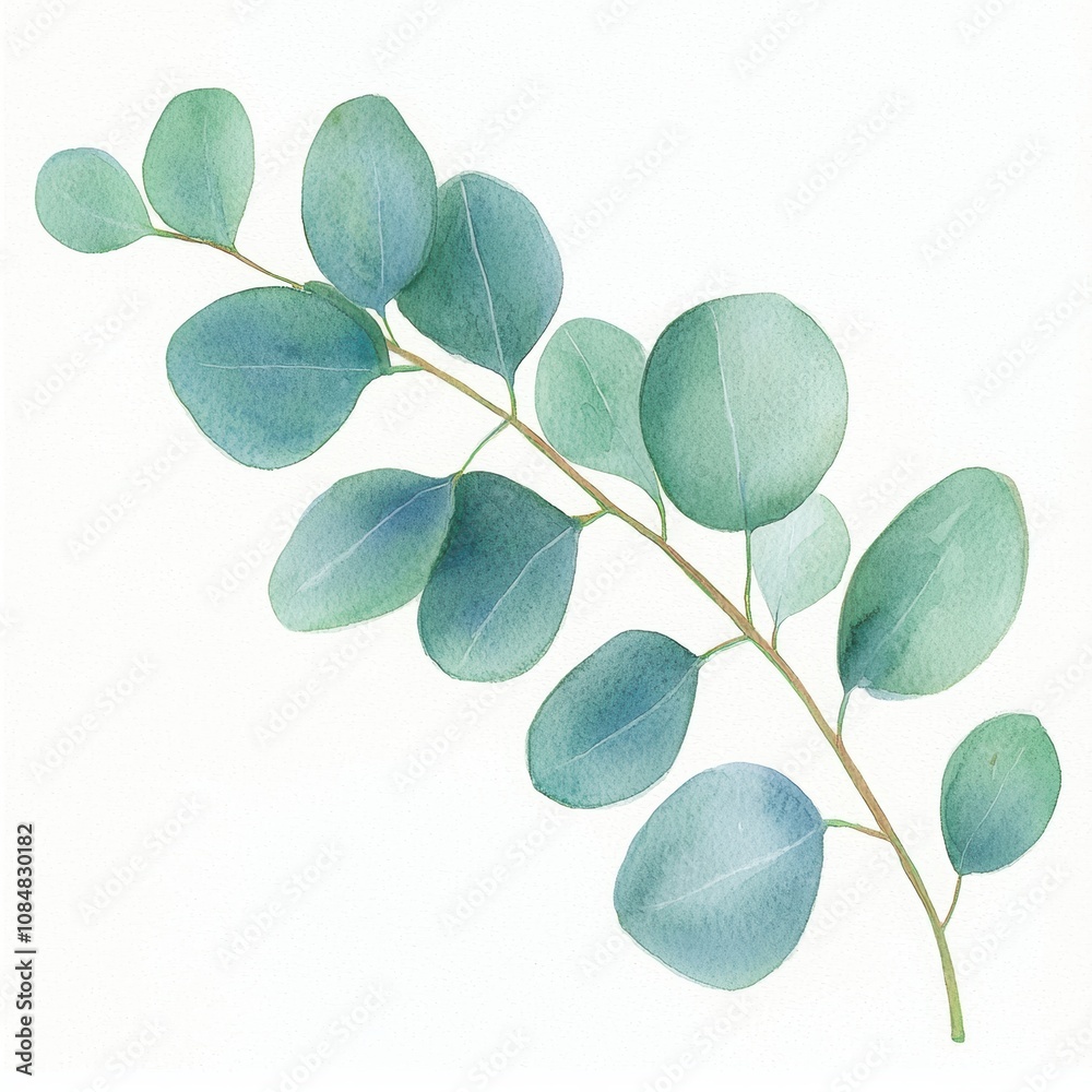 Obraz premium Eucalyptus Branch with Round Leaves Isolated on White Background, Capturing the Delicate Beauty and Natural Elegance of Eucalyptus Foliage in a Minimalist Style