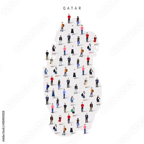 Qatar population map. Large group of realistic a diverse crowd of people figures in a shape of Qatari map. Flat vector illustration isolated on white.