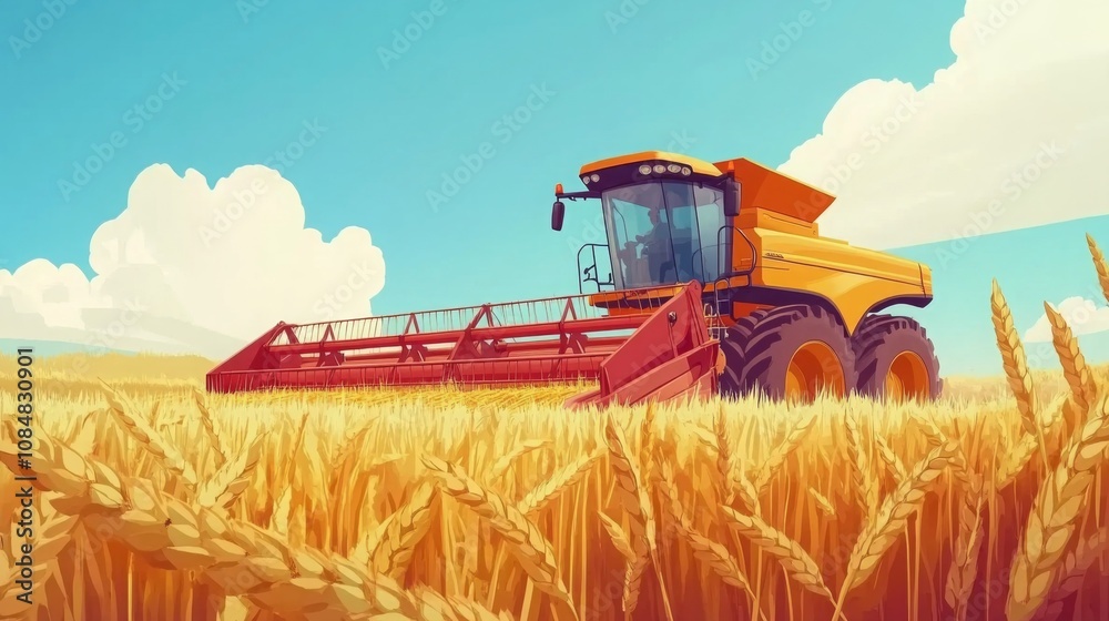 Obraz premium Combine harvester harvests golden wheat field under a vast blue sky
