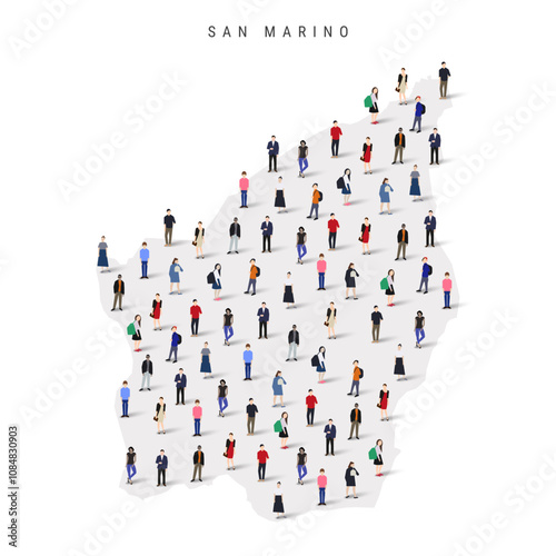 San Marino population map. Large group of realistic a diverse crowd of people figures in a shape of Most Serene Republic map. Flat vector illustration isolated on white.