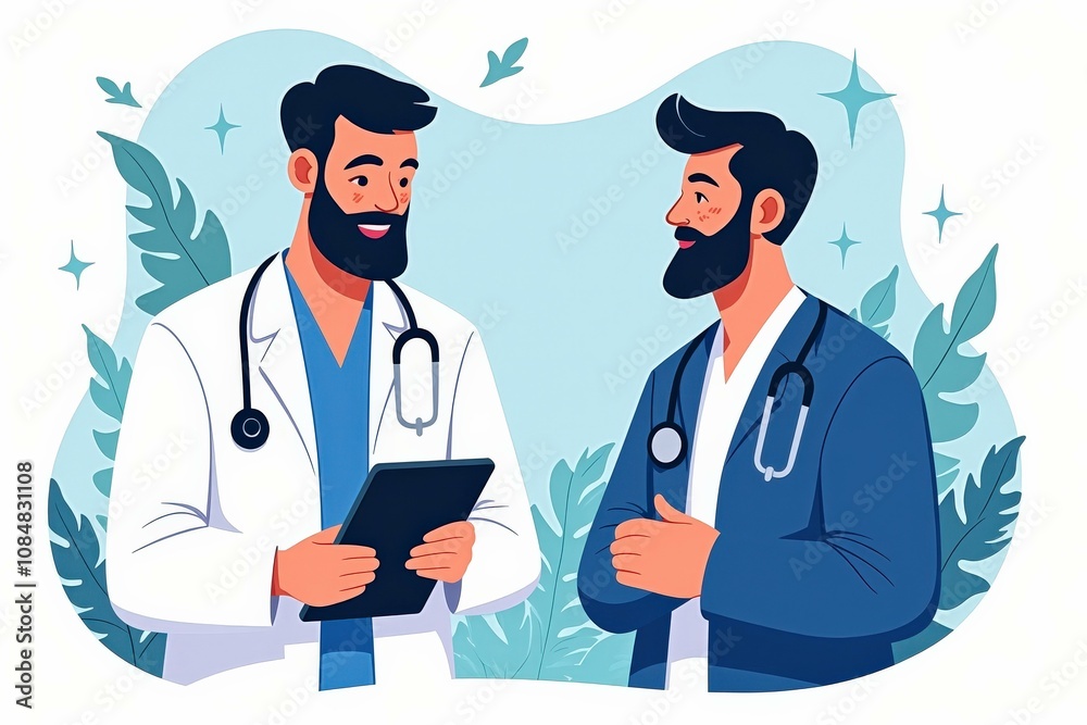 Illustration of Two Doctors Discussing Medical Information on Digital Tablet, Ideal for Healthcare and Medical Concepts Illustration of Two Doctors Discussing Medical Information on Digital Tablet, Ideal for Healthcare and Medical Concepts