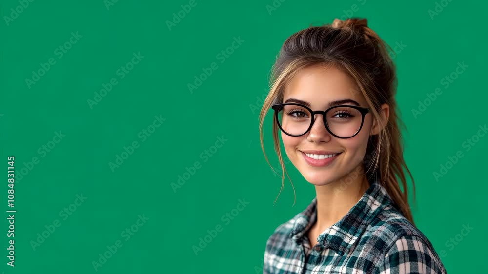 Young woman wearing glasses and plaid shirt on green screen background, suitable for teacher, freelancer, software engineer, designer, illustrator, content creator, and creative worker roles. Young woman wearing glasses and plaid shirt on green screen background, suitable for teacher, freelancer, software engineer, designer, illustrator, content creator, and creative worker roles.