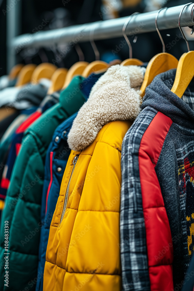 Obraz premium Coats hanging on a rack on wooden hangers. Winter clothing, upcycled closet of clothes, store or coat drive Or donation. Used coats on a garment rack. Warm winter clothing.