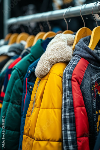Coats hanging on a rack on wooden hangers. Winter clothing, upcycled closet of clothes, store or coat drive Or donation. Used coats on a garment rack. Warm winter clothing.