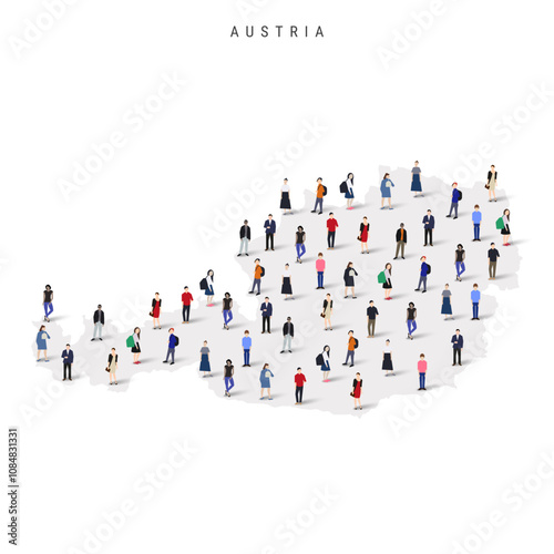 Austria population map. Large group of realistic a diverse crowd of people figures in a shape of Austrian map. Flat vector illustration isolated on white.