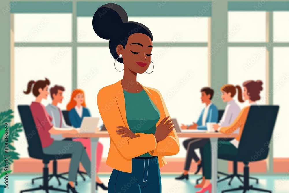 Confident Businesswoman Leading Meeting in Modern Office Setting, Perfect for Teamwork and Leadership Concepts Confident Businesswoman Leading Meeting in Modern Office Setting, Perfect for Teamwork and Leadership Concepts