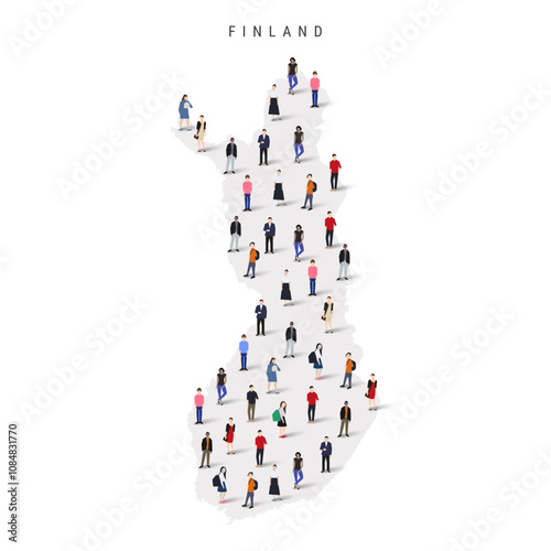 Finland population map. Large group of realistic a diverse crowd of people figures in a shape of Finnish map. Flat vector illustration isolated on white.