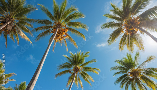 Wallpaper Mural Sunlight Streaming Through Palm Trees Against a Clear Blue Sky on a Tropical Island. Torontodigital.ca