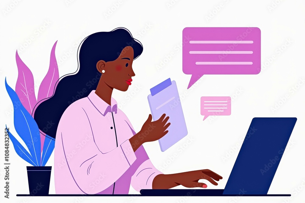 Illustrative Woman Working on Laptop with Document and Speech Bubbles, Perfect for Business, Education, and Communication Concepts