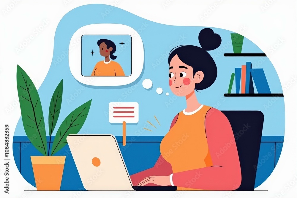 Illustrative Image of a Woman Working Remotely on Laptop with Virtual Meeting and Office Supplies, Perfect for Online Marketing and Digital Content Illustrative Image of a Woman Working Remotely on Laptop with Virtual Meeting and Office Supplies, Perfect for Online Marketing and Digital Content