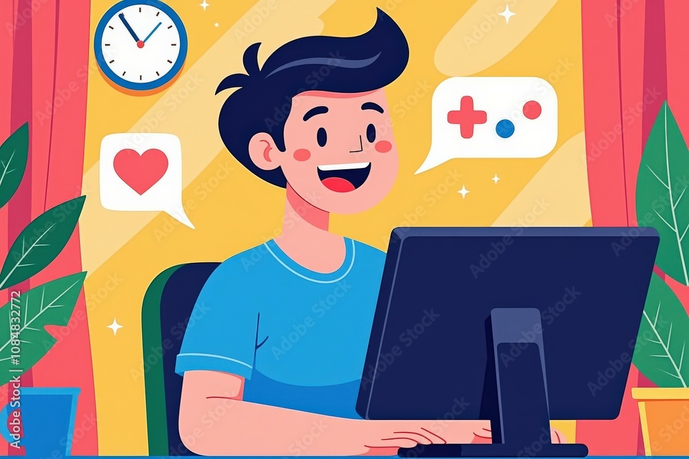 Happy Young Man Working on Computer in Bright Yellow Office with Plants and Gaming Icons - Perfect for Motivational or Productivity Themes Happy Young Man Working on Computer in Bright Yellow Office with Plants and Gaming Icons - Perfect for Motivational or Productivity Themes