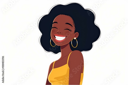 Vibrant Illustration of a Joyful Black Woman in Yellow Dress with Large Hoop Earrings, Perfect for Greeting Cards, Posters, and Social Media photo