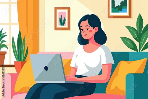 Vibrant Living Room Scene: Woman Working on Laptop, Surrounded by Plants and Comfort, Perfect for Home Office Inspiration