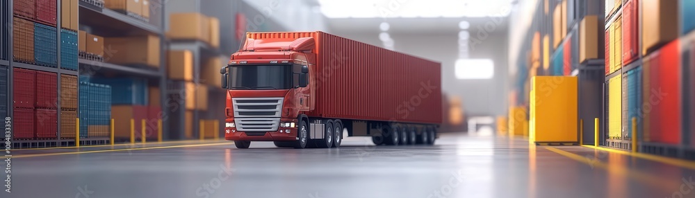 A red freight truck positioned in a warehouse surrounded by colorful shipping containers, highlighting logistics and transportation. A red freight truck positioned in a warehouse surrounded by colorful shipping containers, highlighting logistics and transportation.