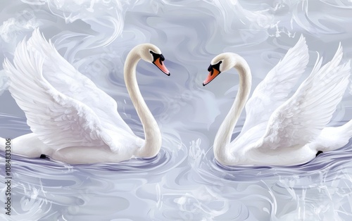 Wallpaper Mural Two swans are swimming in a body of water, with their heads facing each other Torontodigital.ca