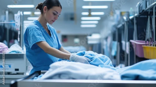 Nurse Preparing Medical Linen in Hospital Laundry Room