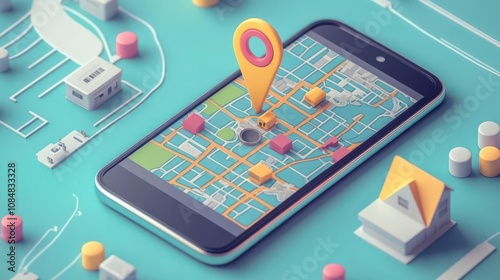 A smartphone displaying a colorful map with a location pin and miniature buildings, representing navigation and urban exploration.