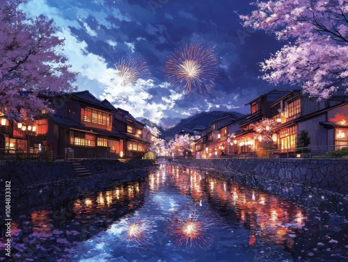 Illuminating Night: Fireworks Display over Serene Japanese Village River with Cherry Blossom Trees