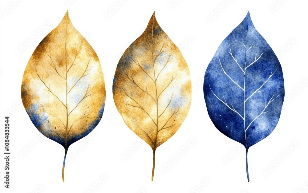 Obraz premium Three leaves with a blue leaf in the middle