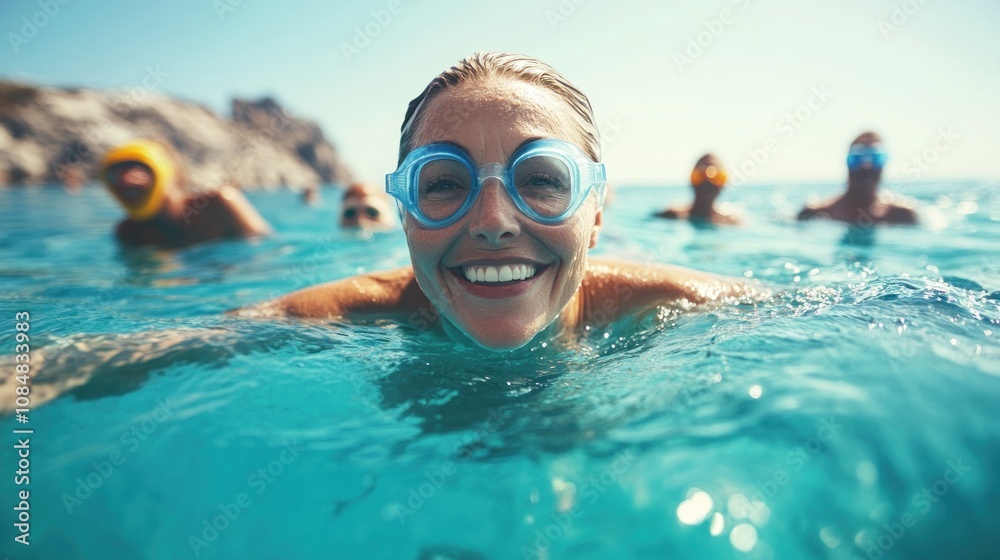 Naklejka premium Summer Fun: A Smiling Woman Enjoys a Refreshing Swim with Friends in the Crystal-Clear Ocean