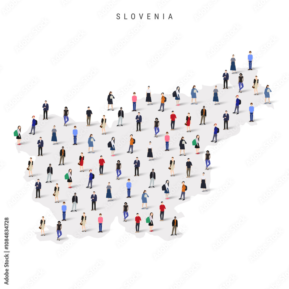 Slovenia population map. Large group of realistic a diverse crowd of people figures in a shape of Slovenian map. Flat vector illustration isolated on white. Slovenia population map. Large group of realistic a diverse crowd of people figures in a shape of Slovenian map. Flat vector illustration isolated on white.