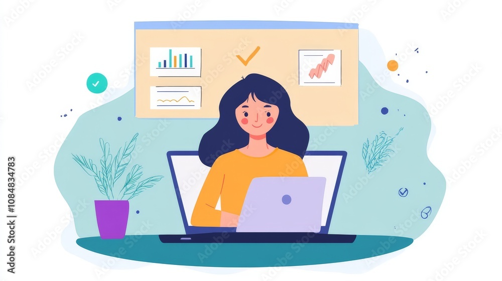 Woman Working on Laptop with Business Charts Woman Working on Laptop with Business Charts