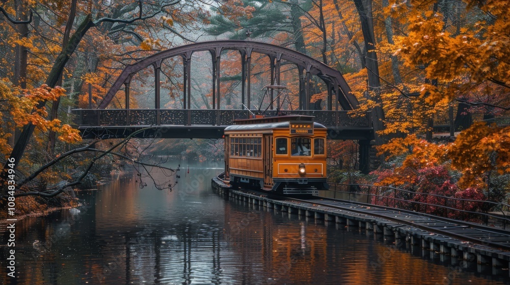 Obraz premium Autumn Train Journey Under Bridge