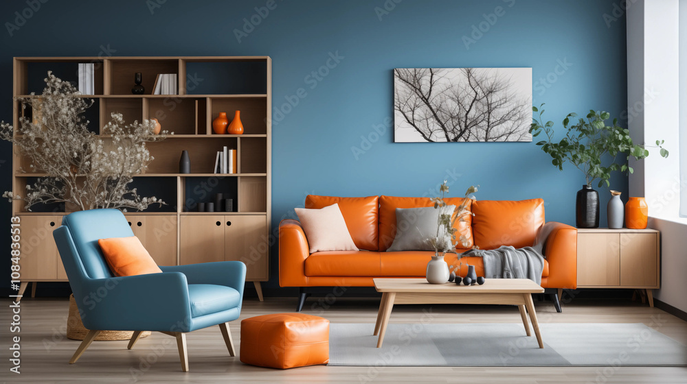 Fototapeta premium Modern Living Room Teal Armchair Orange Sofa Wooden Shelves