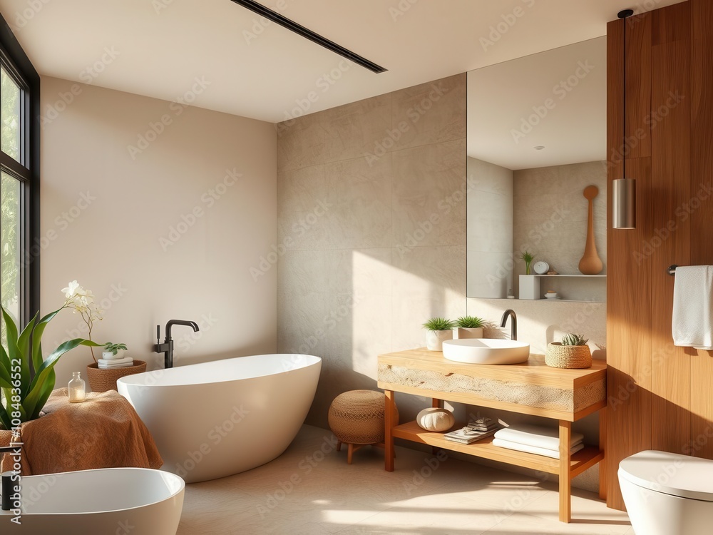 A beautifully designed bathroom featuring natural elements such as wood accents, stone countertops, and plants, creating a calming and peaceful atmosphere, decor, home A beautifully designed bathroom featuring natural elements such as wood accents, stone countertops, and plants, creating a calming and peaceful atmosphere, decor, home